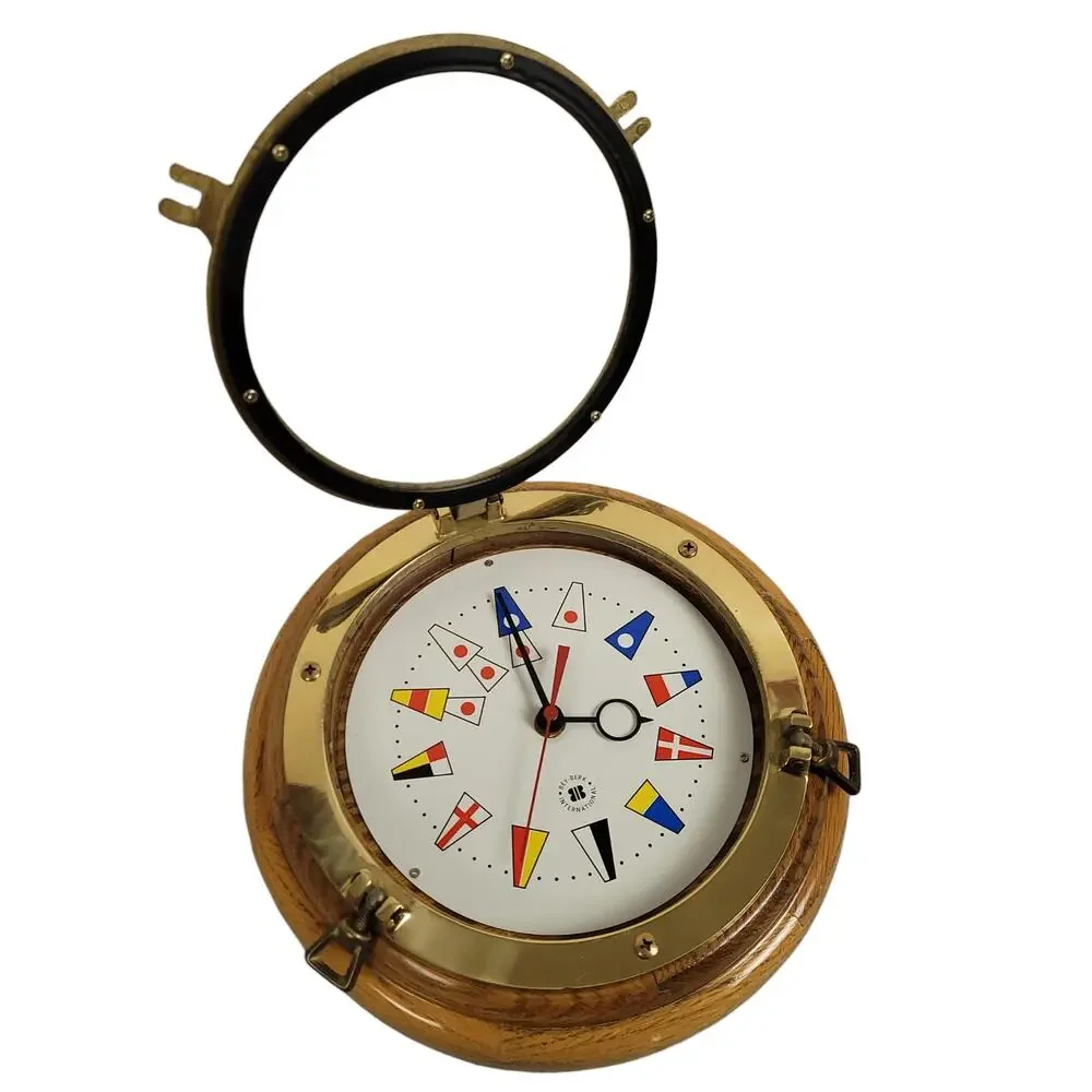 Bey-Berk Lacquered Oak Wood Brass Porthole Quartz Clock w/ Nautical Flags Dial